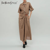 TWOTWINSTYLE Solid Causal Two Piece Sets for Women Lapel Short Sleeves Spliced Zipper Top High Waist Skirt Set Female Fashion